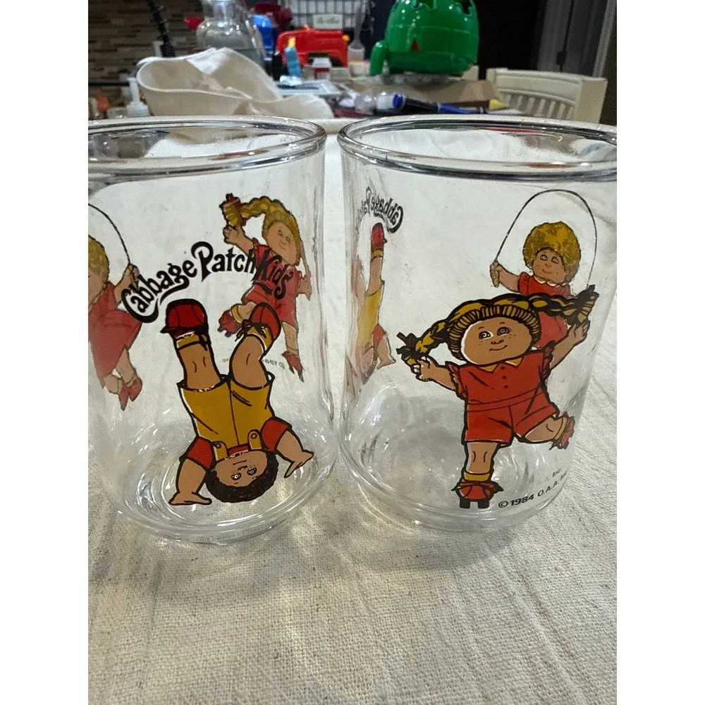 Vintage 1984 Cabbage Patch Kids Juice Glasses Set of 2 Clear Retro 80s Tumblers